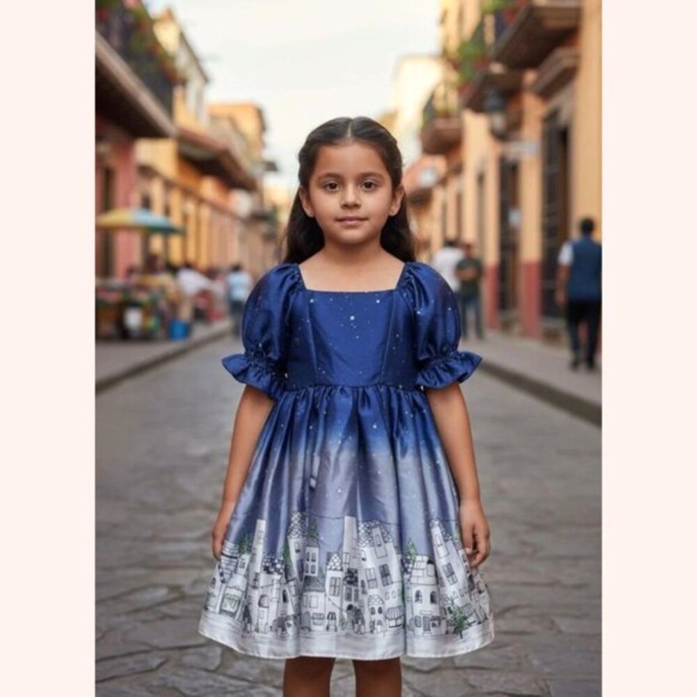 Pippa & Julie Size 4 Girls Camilla Starry Night Whimsical Townscape Houses Dress